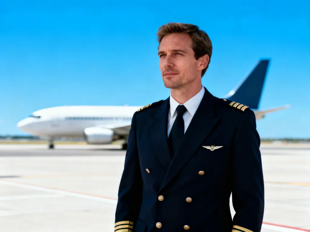 Pilot w profesjonalnym mundurze na tle płyty lotniska i samolotu pasażerskiego.