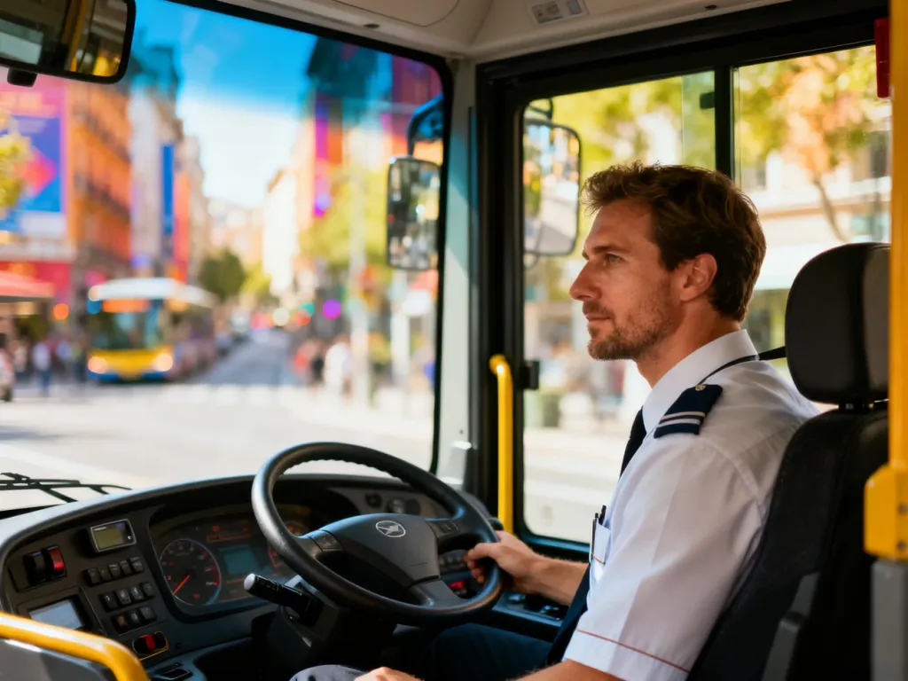 Uśmiechnięty kierowca autobusu miejskiego siedzący za kierownicą nowoczesnego pojazdu podczas pracy.