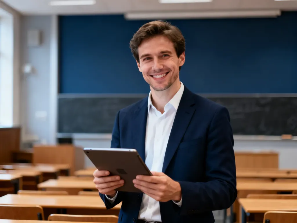 Uśmiechnięty wykładowca z tabletem w nowoczesnej auli uniwersyteckiej, symbolizujący profesjonalizm w pracy akademickiej.