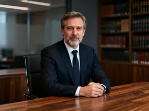 Profesjonalny agent nieruchomości w nowoczesnym biurze z tabletem, modelem domu i dokumentami na biurku.