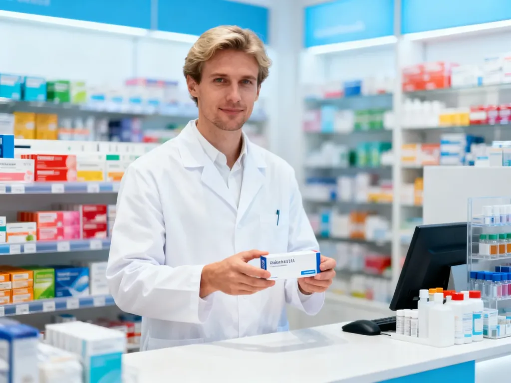 Farmaceuta w białym fartuchu trzymający opakowanie leku za ladą w profesjonalnej aptece.