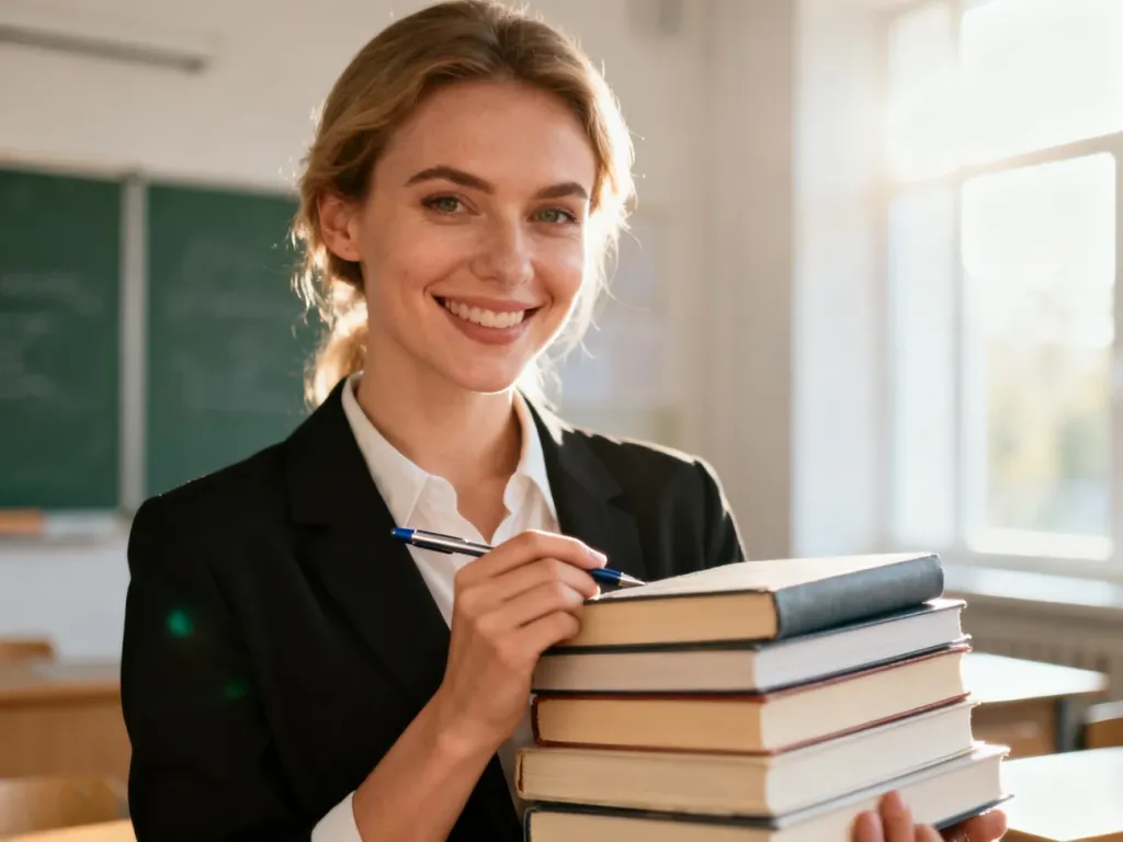 Uśmiechnięta nauczycielka z książkami w nowoczesnej klasie, symbolizująca profesjonalizm w zawodzie pedagoga.