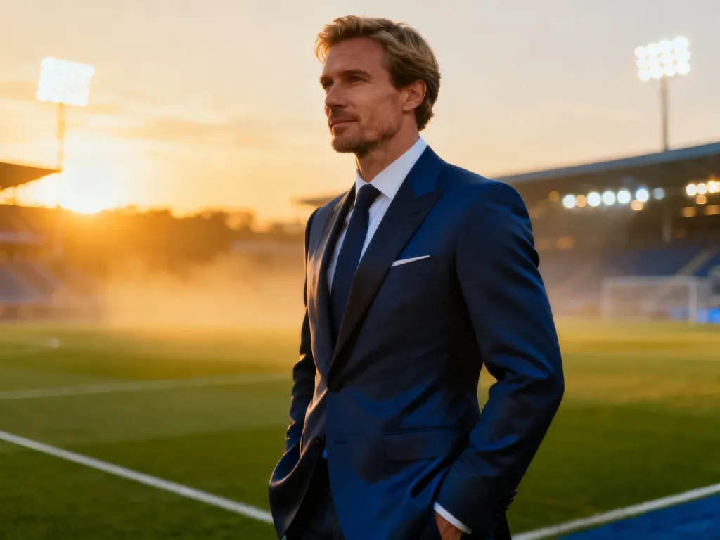 Elegancki piłkarz w garniturze na tle stadionu o zachodzie słońca, symbolizujący sukces i wysokie zarobki sportowca.