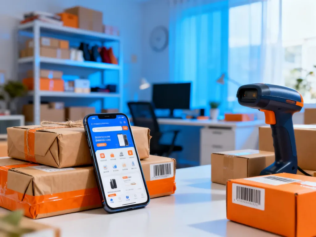 Smartfon z panelem sprzedaży, paczki i skaner kodów na biurku, symbolizujące efektywne zarządzanie wysyłką na Allegro.