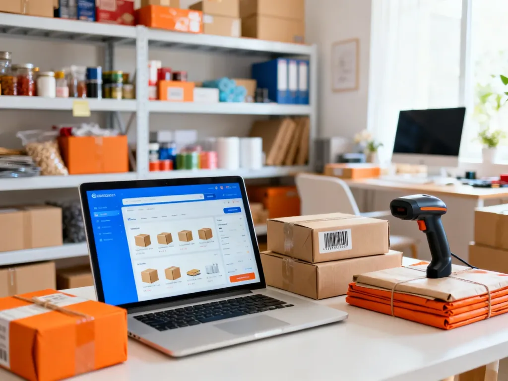 Stanowisko pracy sprzedawcy e-commerce z laptopem, skanerem kodów kreskowych i przygotowanymi do wysyłki paczkami.