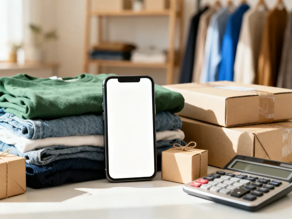 Smartfon z aplikacją sprzedażową, złożone ubrania i paczki do wysyłki na tle domowego wnętrza.
