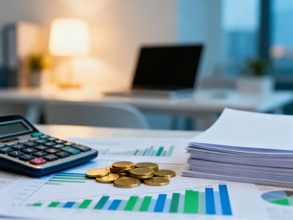 Kalkulator, monety i wykresy inwestycyjne na biurku, symbolizujące zarządzanie finansami i opodatkowanie zysków kapitałowych.