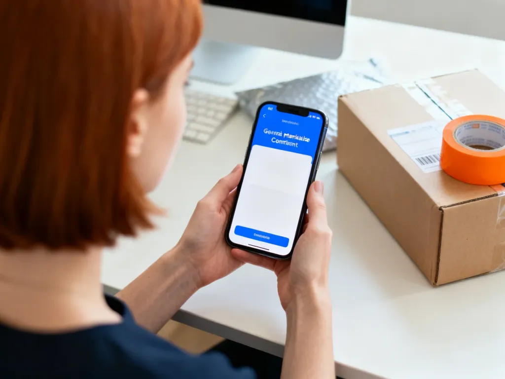 Kobieta trzymająca smartfon z potwierdzeniem sprzedaży przy paczce przygotowanej do wysyłki na biurku.